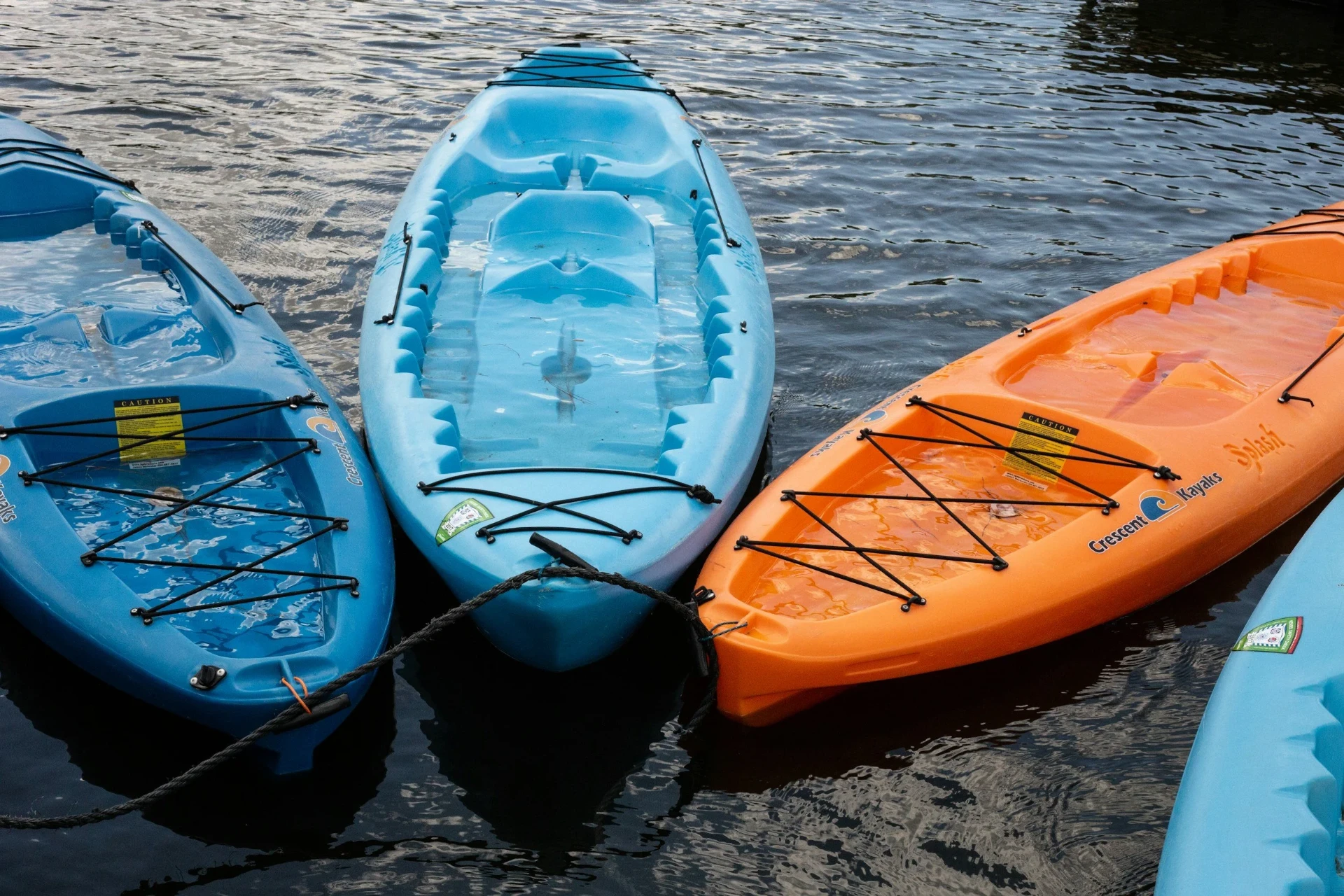 Colorful kayaks tied up on the water at Cheney Lake, ready to rent